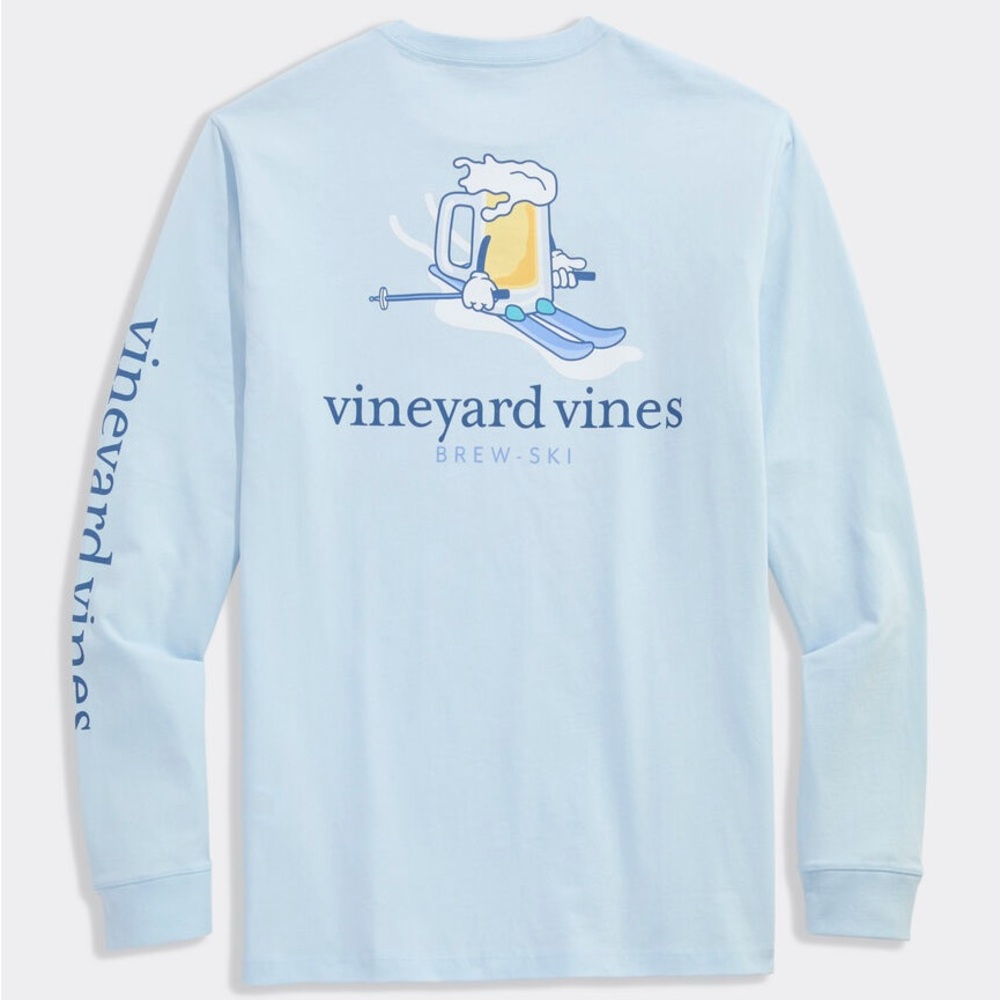 Vineyard Vines Brew Ski Time Light Blue Long-Sleeve‎ Pocket Tee with Size XS